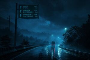 A dark, moody highway at night under a blue-toned sky with a road sign showing distances to Dhaka, Chittagong, and Cox's Bazar.
